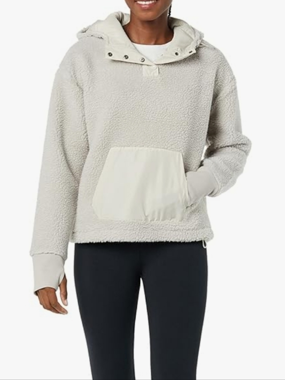 NWT Amazon Essentials Lt Grey Sherpa Pullover Hoodie w/Nylon Kangaroo Pocket XL